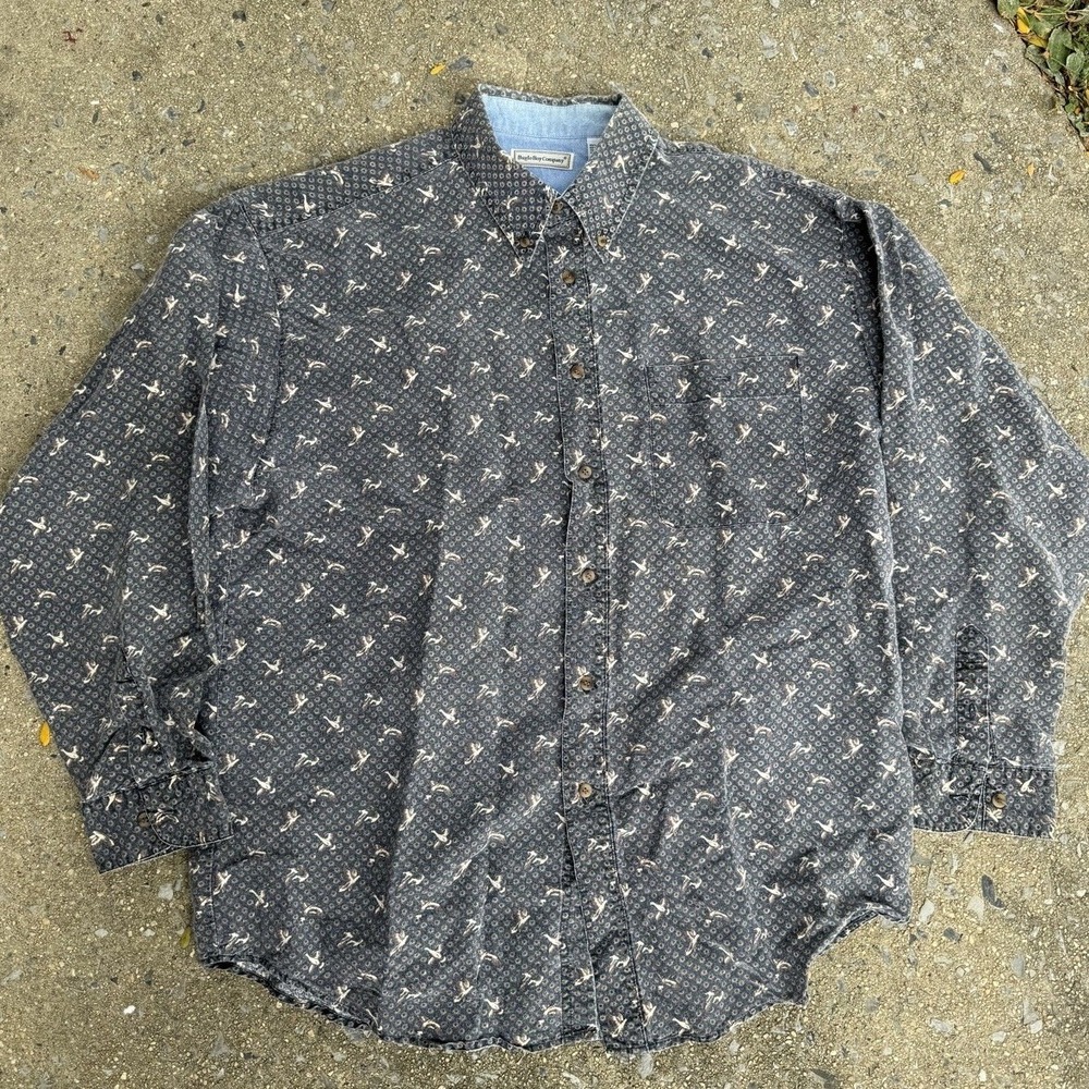 Bugle Boy Company Mens XL Duck Print Button Down Shirt Grey Ramie Cotton Vintage